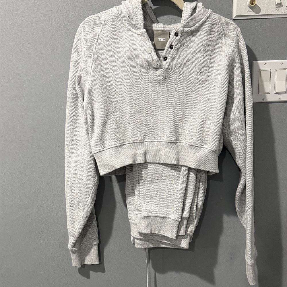 Kith Light Gray Cropped Hoodie matching jogger pants with Buttons
